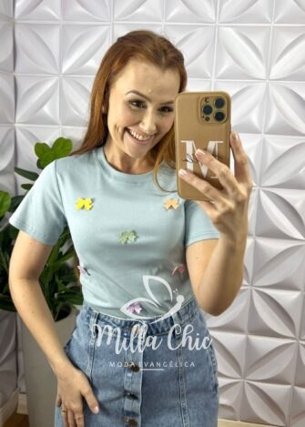 Blusa Tshirt Malha De Algodão Com Laços Bordado Coloridos Lara - Azul - Milla Chic