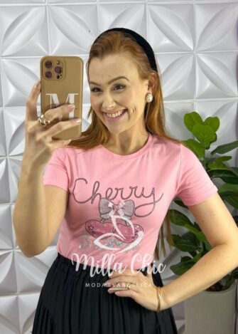 Blusa Tshirt Malha De Algodão Com Strass Bordado e Laço Katy - Rosa - Milla Chic