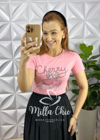 Blusa Tshirt Malha De Algodão Com Strass Bordado e Laço Katy - Rosa - Milla Chic