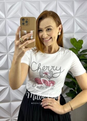 Blusa Tshirt Malha De Algodão Com Strass Bordado e Laço Katy - Branca - Milla Chic