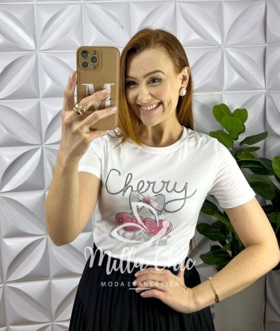 Blusa Tshirt Malha De Algodão Com Strass Bordado e Laço Katy - Branca - Milla Chic