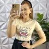 Blusa Tshirt Malha De Algodão Com Strass Bordado e Laço Katy - Areia - Milla Chic