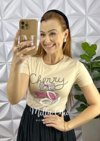 Blusa Tshirt Malha De Algodão Com Strass Bordado e Laço Katy - Areia - Milla Chic