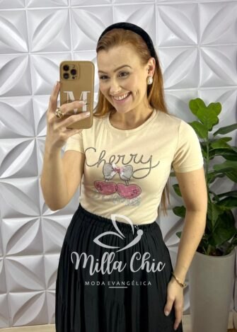 Blusa Tshirt Malha De Algodão Com Strass Bordado e Laço Katy - Areia - Milla Chic