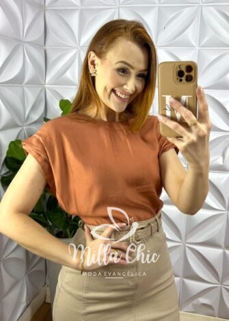 Blusa Viscose Acetinada Manga Muscle Com Drapeados No Ombro Zíper Lateral Louise - Terra Cota - Milla Chic