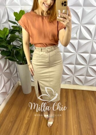 Blusa Viscose Acetinada Manga Muscle Com Drapeados No Ombro Zíper Lateral Louise - Terra Cota - Milla Chic