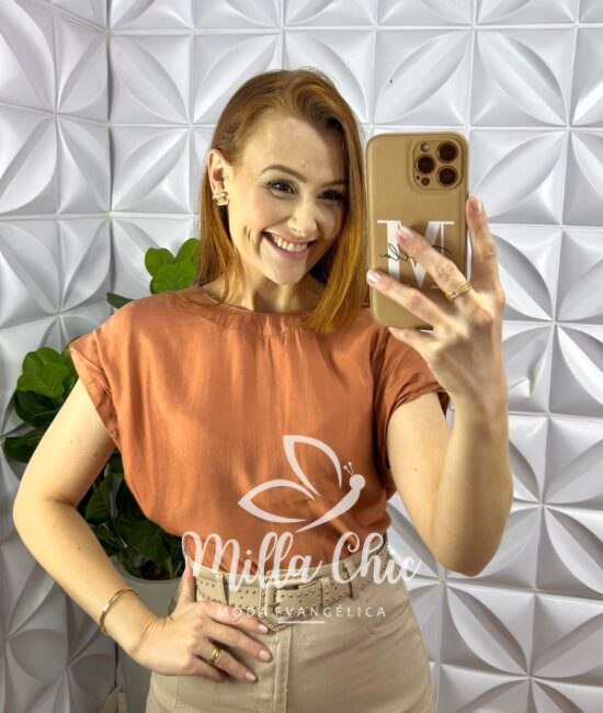 Blusa Viscose Acetinada Manga Muscle Com Drapeados No Ombro Zíper Lateral Louise - Terra Cota - Milla Chic