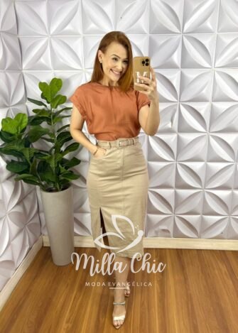 Blusa Viscose Acetinada Manga Muscle Com Drapeados No Ombro Zíper Lateral Louise - Terra Cota - Milla Chic