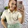Camisa Cambraia De Linho Bordada Cropped Cassia - Manteiga - Milla Chic