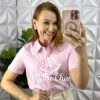 Camisa Cambraia De Linho Bordada Cropped Cassia - Rosa - Milla Chic