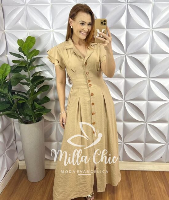 Chemise Alfaiataria Amarrant Manga Babadinho Gola Polo Longo Com Pregas Paula - Areia - Milla Chic
