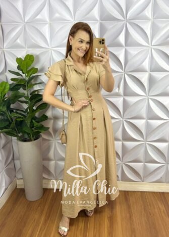 Chemise Alfaiataria Amarrant Manga Babadinho Gola Polo Longo Com Pregas Paula - Areia - Milla Chic