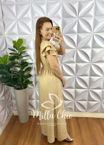 Chemise Alfaiataria Amarrant Manga Babadinho Gola Polo Longo Com Pregas Paula - Areia - Milla Chic