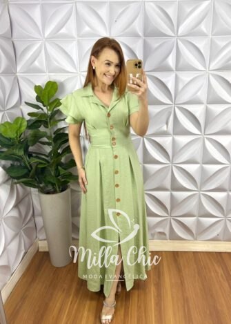 Chemise Alfaiataria Amarrant Manga Babadinho Gola Polo Longo Com Pregas Paula - Menta - Milla Chic