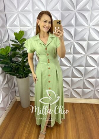 Chemise Alfaiataria Amarrant Manga Babadinho Gola Polo Longo Com Pregas Paula - Menta - Milla Chic