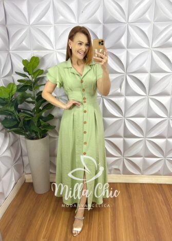 Chemise Alfaiataria Amarrant Manga Babadinho Gola Polo Longo Com Pregas Paula - Menta - Milla Chic