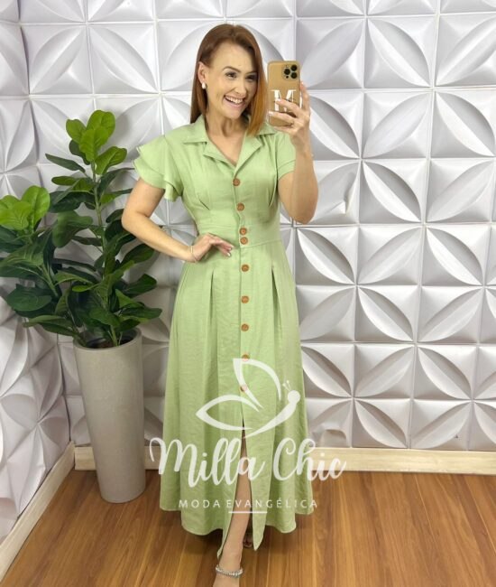 Chemise Alfaiataria Amarrant Manga Babadinho Gola Polo Longo Com Pregas Paula - Menta - Milla Chic