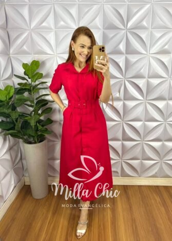 Chemise Alfaiataria Marrant Bolsos Laterais Longo Com Cinto Encapado Jacira - Vermelho - Milla Chic