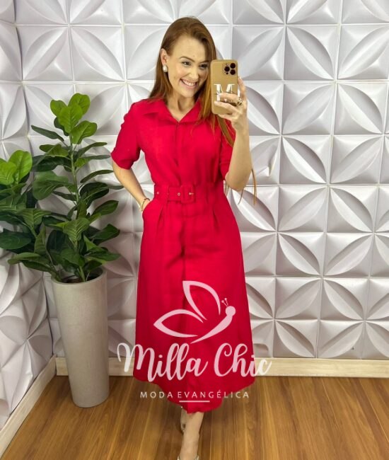 Chemise Alfaiataria Marrant Bolsos Laterais Longo Com Cinto Encapado Jacira - Vermelho - Milla Chic