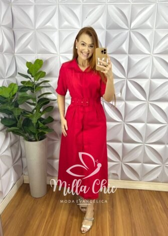 Chemise Alfaiataria Marrant Bolsos Laterais Longo Com Cinto Encapado Jacira - Vermelho - Milla Chic