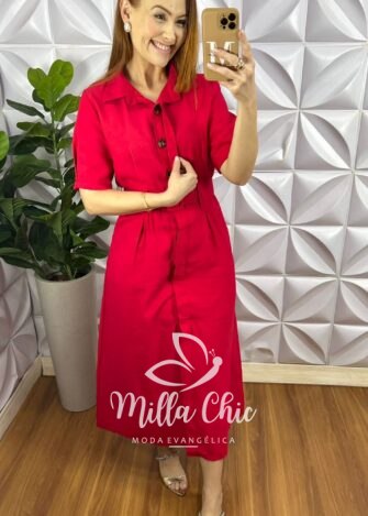 Chemise Alfaiataria Marrant Bolsos Laterais Longo Com Cinto Encapado Jacira - Vermelho - Milla Chic