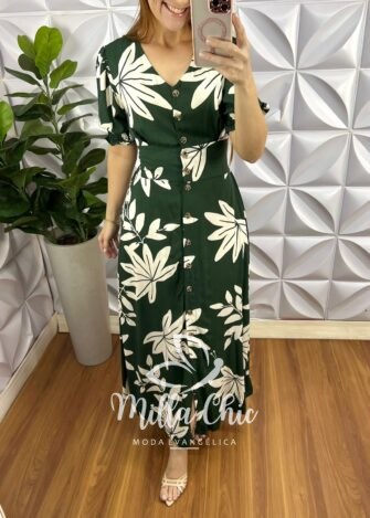 Chemise Viscolinho Com Botões Tartaruga Estampado Elise - Verde - Milla Chic