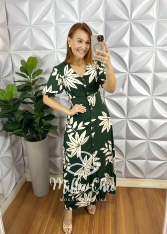 Chemise Viscolinho Com Botões Tartaruga Estampado Elise - Verde - Milla Chic