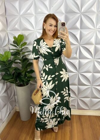 Chemise Viscolinho Com Botões Tartaruga Estampado Elise - Verde - Milla Chic