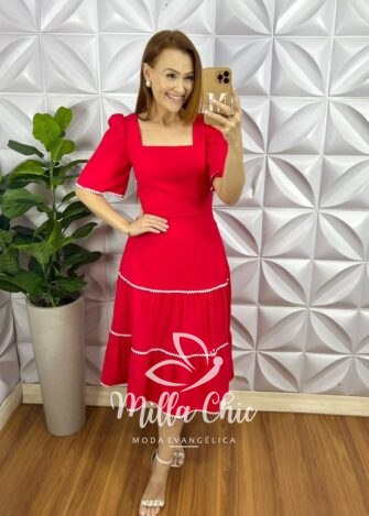 Conjunto Alfaiataria Marrant Manga 3/4 Com Detalhe De Viés Mídi Saia Três Marias Camille - Vermelho - Milla Chic