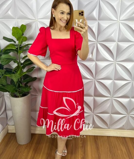 Conjunto Alfaiataria Marrant Manga 3/4 Com Detalhe De Viés Mídi Saia Três Marias Camille - Vermelho - Milla Chic