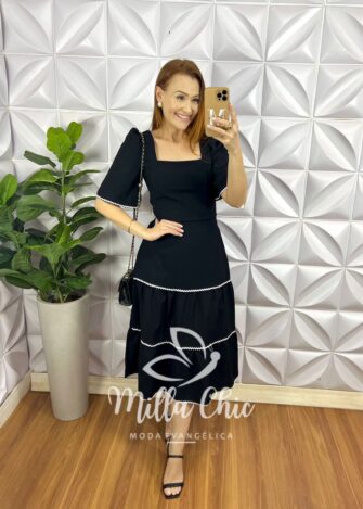 Conjunto Alfaiataria Marrant Manga 3/4 Com Detalhe De Viés Mídi Saia Três Marias Camille - Preto - Milla Chic