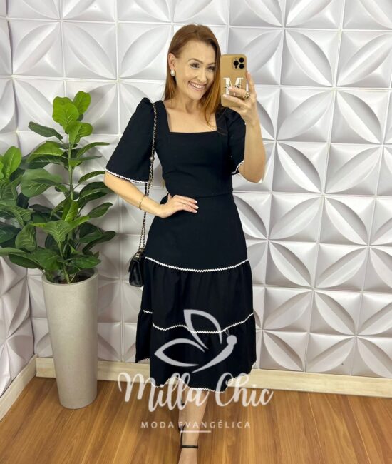 Conjunto Alfaiataria Marrant Manga 3/4 Com Detalhe De Viés Mídi Saia Três Marias Camille - Preto - Milla Chic