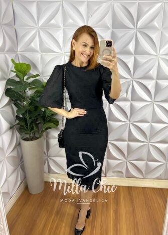 Conjunto Laise 100% Algodão Saia Mídi Tubinho Yasmin - Preto - Milla Chic