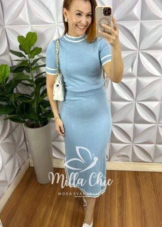 Conjunto Tricot Modal Saia Mídi Com Fenda Gislaine - Azul - Milla Chic