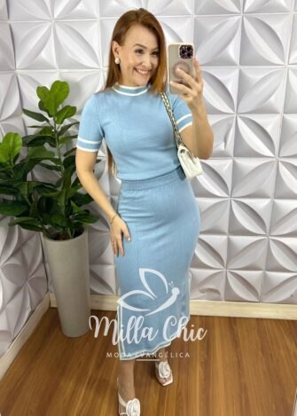 Conjunto Tricot Modal Saia Mídi Com Fenda Gislaine - Azul - Milla Chic