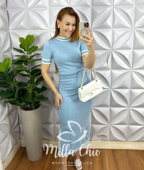 Conjunto Tricot Modal Saia Mídi Com Fenda Gislaine - Azul - Milla Chic