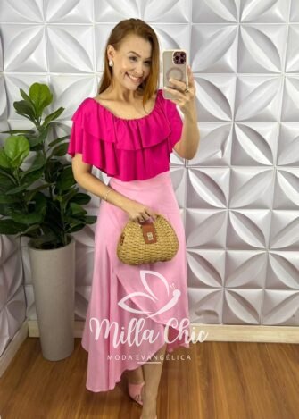 Maio Poliamida Decote Com Elástico Babado Duplo Summer - Pink - Milla Chic