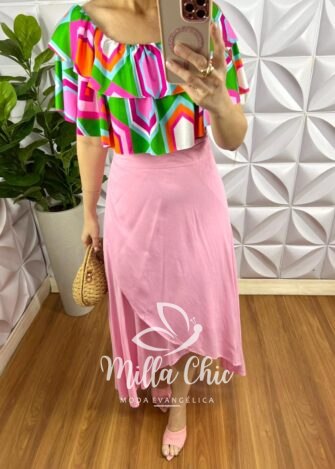 Maio Poliamida Decote Com Elástico Babado Estampado Duplo Summer - Rosa Com Verde - Milla Chic