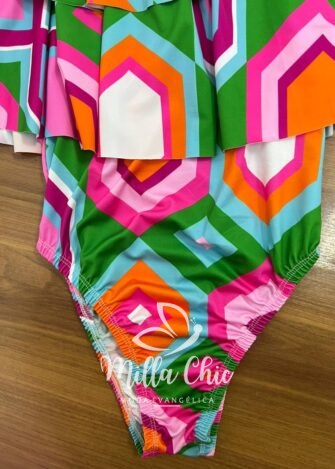 Maio Poliamida Decote Com Elástico Babado Estampado Duplo Summer - Rosa Com Verde - Milla Chic