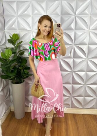 Maio Poliamida Decote Com Elástico Babado Estampado Duplo Summer - Rosa Com Verde - Milla Chic