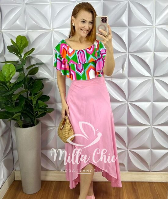 Maio Poliamida Decote Com Elástico Babado Estampado Duplo Summer - Rosa Com Verde - Milla Chic
