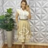 Saia Alfaiataria Com Pregas Estilo Colegial Zíper Nas Costa Cinto Fivela Dourada Alice - Areia - Milla Chic
