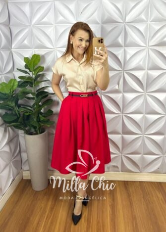 Saia Alfaiataria Com Pregas Estilo Colegial Zíper Nas Costa Cinto Fivela Dourada Alice - Vermelha - Milla Chic