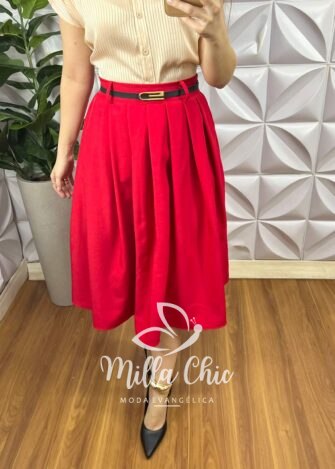 Saia Alfaiataria Com Pregas Estilo Colegial Zíper Nas Costa Cinto Fivela Dourada Alice - Vermelha - Milla Chic