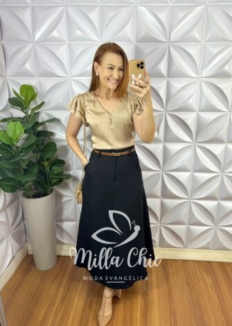 Saia Alfaiataria Evase Super Mídi Com Cinto Caramelo Olma - Preta - Milla Chic