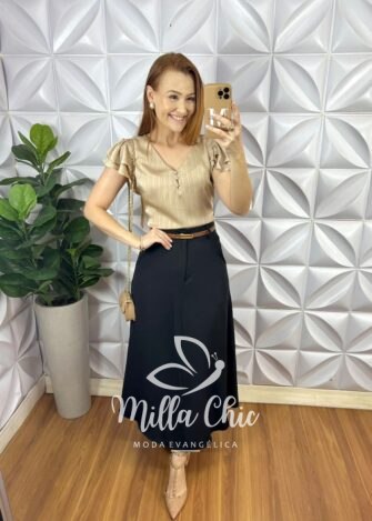 Saia Alfaiataria Evase Super Mídi Com Cinto Caramelo Olma - Preta - Milla Chic
