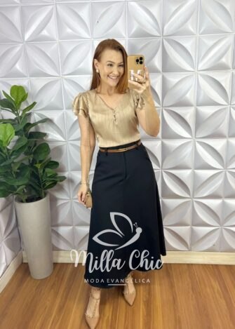 Saia Alfaiataria Evase Super Mídi Com Cinto Caramelo Olma - Preta - Milla Chic