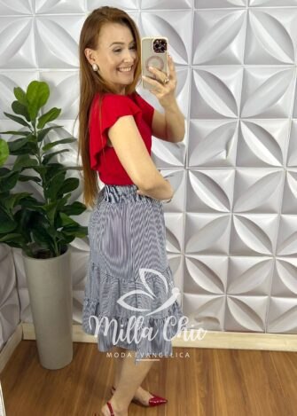 Saia Dunna Com Lastex Na Cintura Listrada Amara - Azul e Branco - Milla Chic