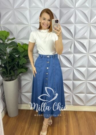 Saia Jeans Com Botões Evase Mídi Hosana - Jeans - Milla Chic