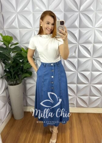 Saia Jeans Com Botões Evase Mídi Hosana - Jeans - Milla Chic